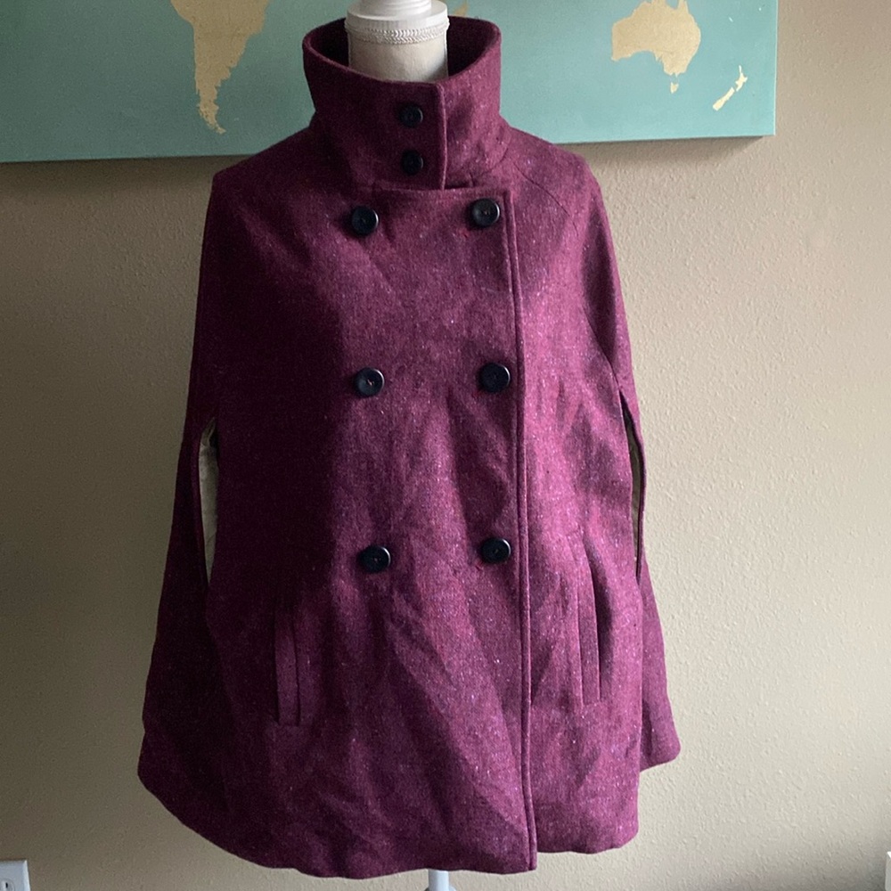 Wool cape coat from Ireland petite length wine colored Donegal tweed pattern